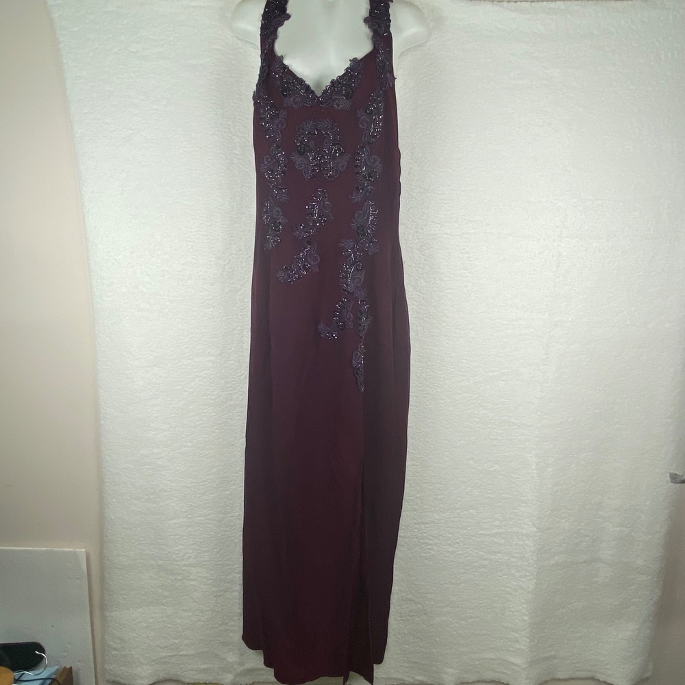 Vintage ILGWU Union Made Plum Beaded Strappy Back Maxi Gown Dress 17 1635 Purple